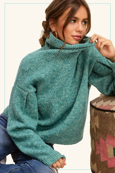 3567-Loose Fit Turtleneck Pin-tuck Long Sleeve Sweater