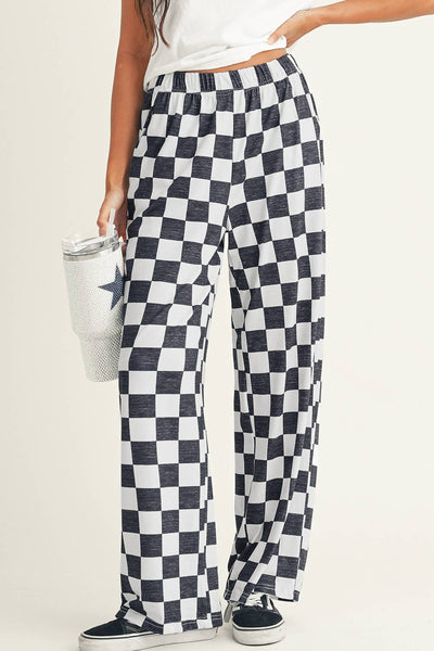 2-Tone Checkered Print High Waist Wide Leg Pants 010