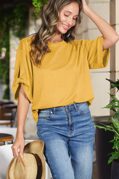 Tie Accent Sleeve Soft Casual T-Shirt Top 2907