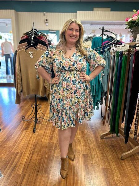 Floral V Neck High Waist Ruffled Dress 420