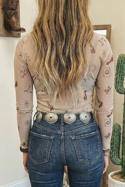Western Slim Fit Floral Mesh Long Sleeve Mock Neck Top 1015