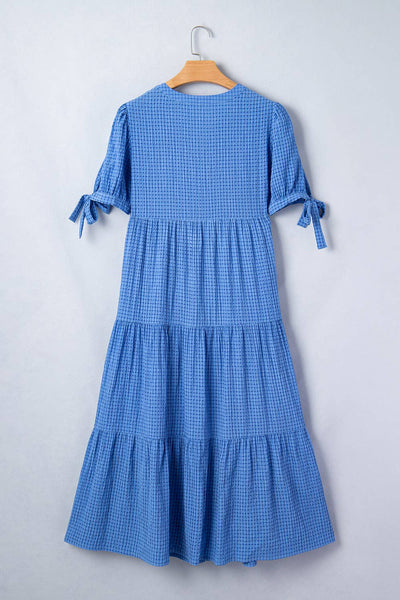 Gingham Textured Bow Tie Short Sleeve Tiered Midi Dress 704