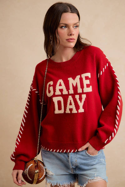 Gameday Contrast Stitch Long Sleeves Knit Top 5396