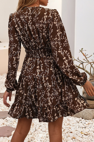 Split Neck Floral Shirred Waist Flared Mini Dress 1721