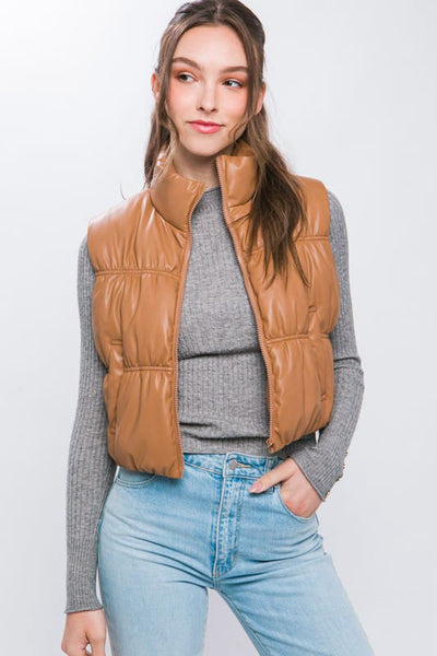 PU Faux Leather Puffer Vest With Pockets 095