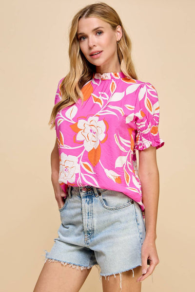 Floral Printed Top with Ruffled Neck LA78