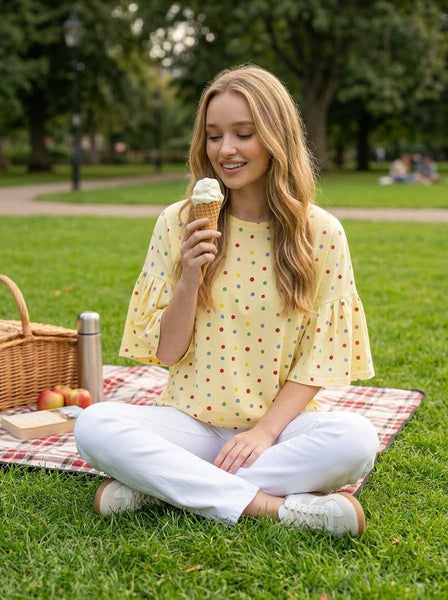 Colorful Polka Dot Short Ruffle Sleeve Knit Top 2765