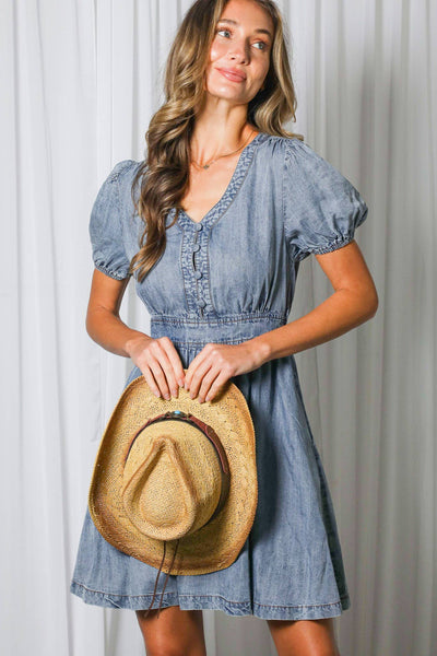 V-Neck Puff Sleeve Chambray Denim Dress 3224