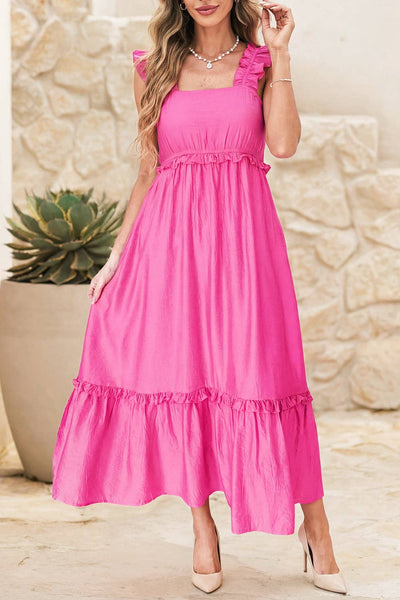 Solid Color Ruffle Trim High Waist Sleeveless Maxi Dress 8603