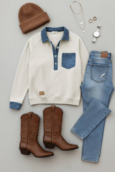 Denim Collar Patchwork Pullover 7011