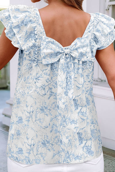 Floral Ruffled Short Sleeve Square Neck Bow Back Blouse 2285