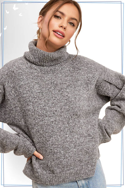 3567-Loose Fit Turtleneck Pin-tuck Long Sleeve Sweater