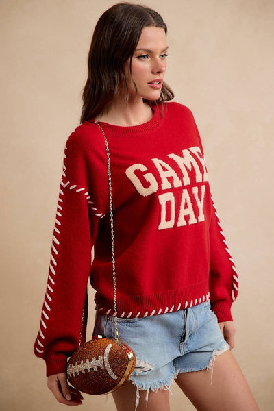 Gameday Contrast Stitch Long Sleeves Knit Top 5396