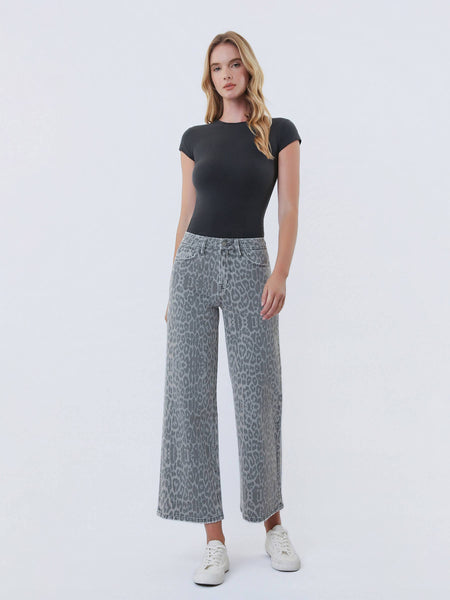 HIGH RISE GREY LEOPARD PRINT CROP WIDE LEG JEANS 331
