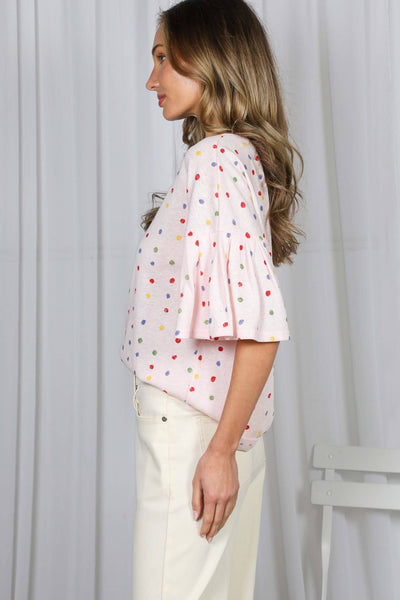 Colorful Polka Dot Short Ruffle Sleeve Knit Top 2765