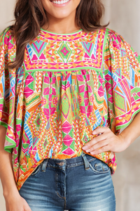 Geometric Print Bell Sleeve Blouse 1422