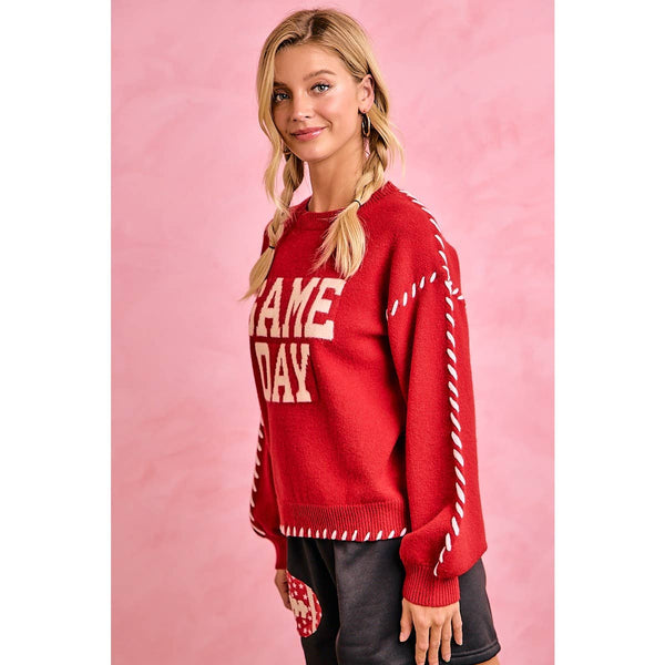 Gameday Contrast Stitch Long Sleeves Knit Top 5396