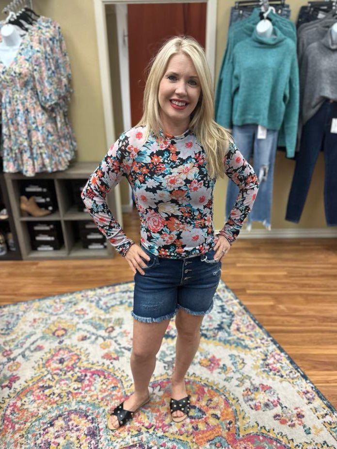 Floral Long Sleeve Round Neck Slim Mesh Top 421