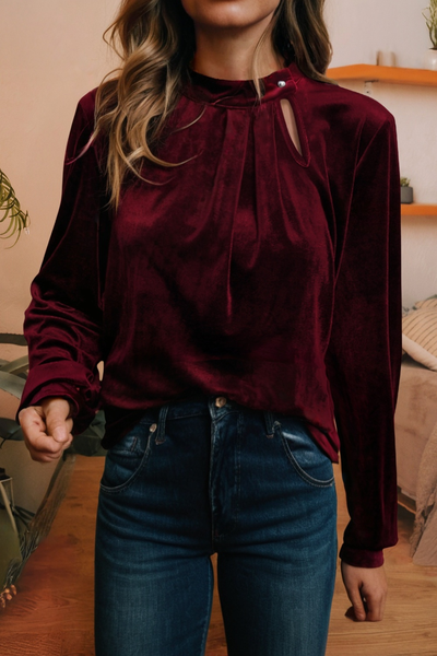 Keyhole Neck Long Sleeve Velvet Blouse 403