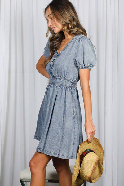 V-Neck Puff Sleeve Chambray Denim Dress 3224