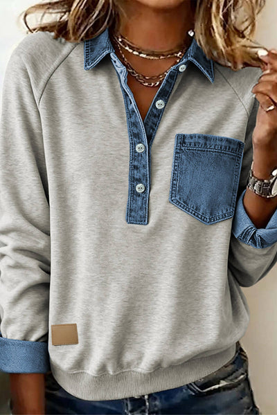 Denim Collar Patchwork Pullover 7011