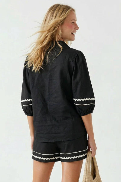 Contrast Trim Puff Sleeve Linen Blouse 9032