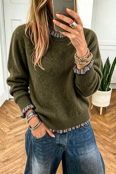 Contrast Plaid Ruffle Trim Sweater 2409