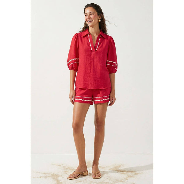 Contrast Trim Puff Sleeve Linen Blouse 9032