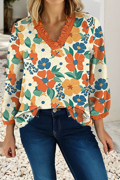 Frilled V Neck Floral Print Bracelet Sleeve Blouse 1420
