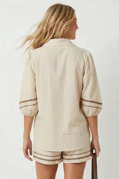 Contrast Trim Puff Sleeve Linen Blouse 9032