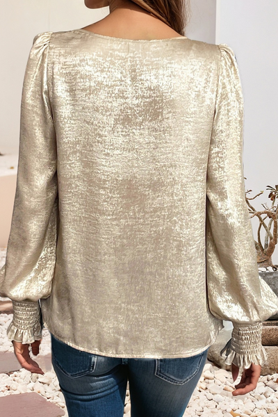 Metallic Round Neck Smocked Long Sleeve Blouse 954