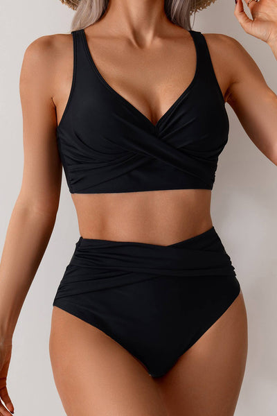 Colorblock 2pcs Cross Twisted High Waist Bikini Swimsuit 905