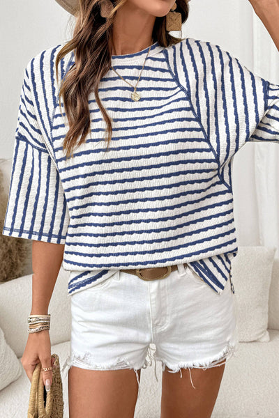Striped Textured Knit Half Sleeve Top 419