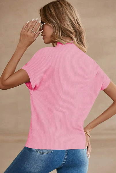 Patch Pocket Ribbed Knit Short Sleeve Sweater/Multicolor 24250