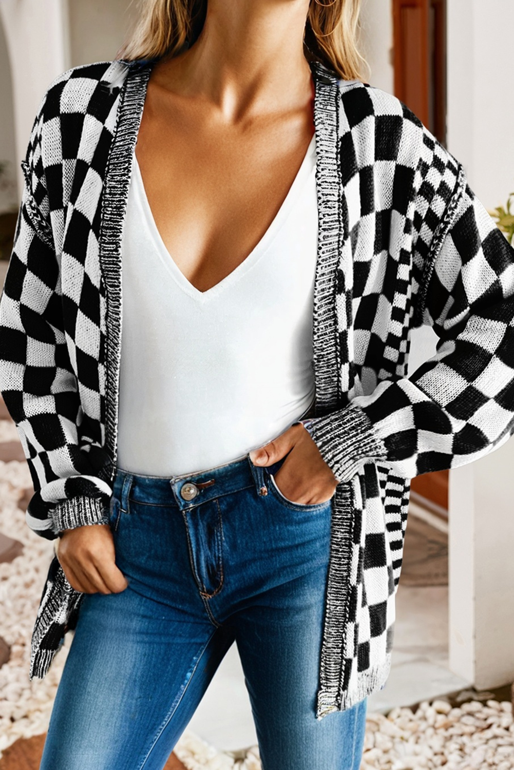 Checkered Open Front Drop Shoulder Cardigan 222
