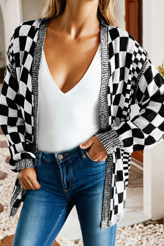 Checkered Open Front Drop Shoulder Cardigan 222