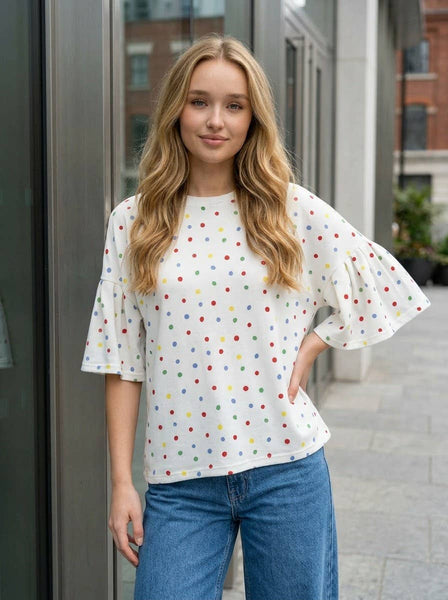 Colorful Polka Dot Short Ruffle Sleeve Knit Top 2765