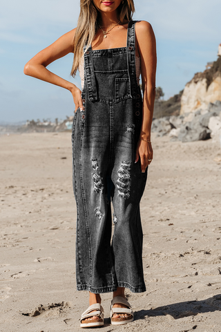 Distressed Bib Pocket Wide Leg Denim Overall 1404B