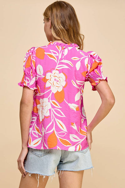 Floral Printed Top with Ruffled Neck LA78