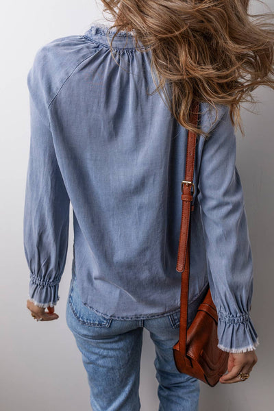 Frilled Raw Hem Half Buttoned Denim Top 304