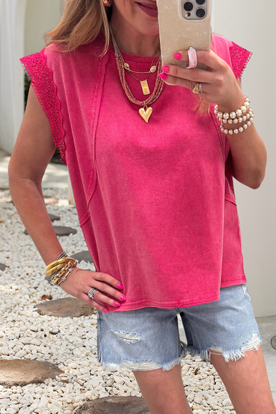 Mineral Wash Raw Seam Detail Lace Trim Cap Sleeve Top 1027
