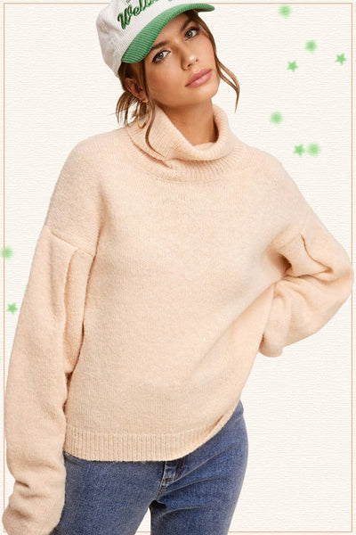 3567-Loose Fit Turtleneck Pin-tuck Long Sleeve Sweater