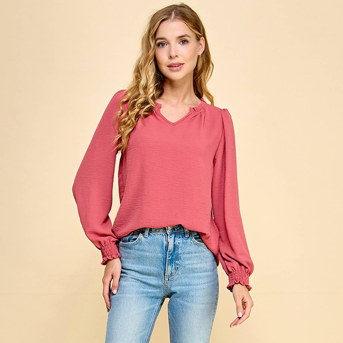 Solid Top with Ruffled V Neck Detail 1495