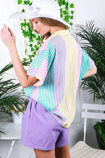 Collared Neck Short-Sleeve Multi-Striped Shirt Top 1625