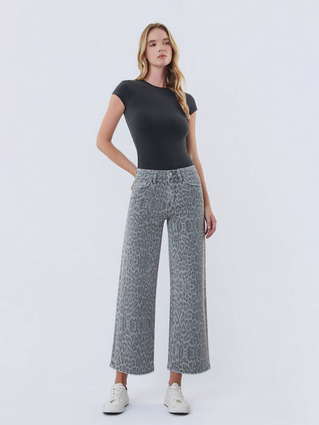 HIGH RISE GREY LEOPARD PRINT CROP WIDE LEG JEANS 331