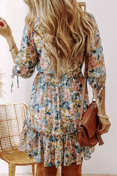 Floral V Neck High Waist Ruffled Dress 420