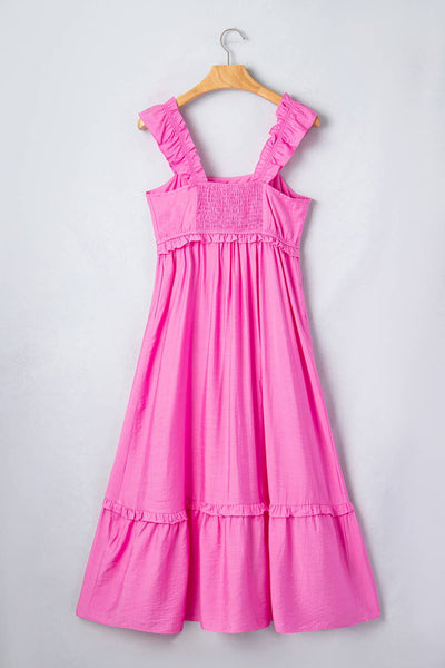 Solid Color Ruffle Trim High Waist Sleeveless Maxi Dress 8603