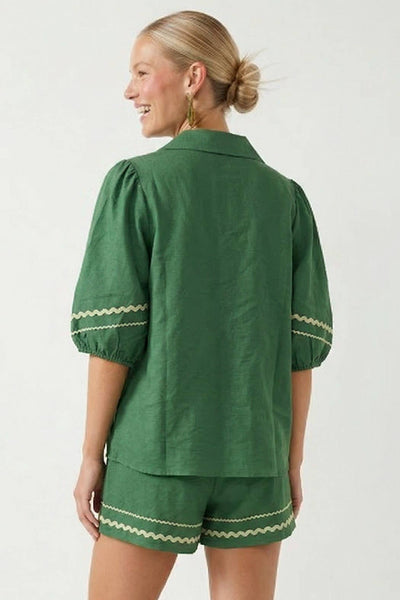 Contrast Trim Puff Sleeve Linen Blouse 9032