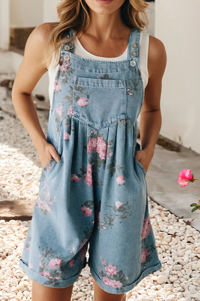 Floral Print Pocket Denim Shortalls 1204