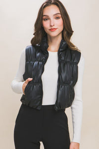 PU Faux Leather Puffer Vest With Pockets 095